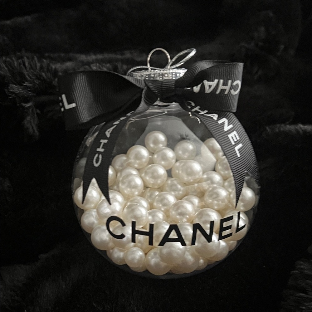 Faux CHANEL Pearl Embellished Ornament with Black Ribbon
